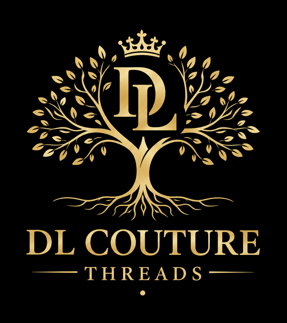 DL Couture Threads — gold crowned DL monogram and ornamental tree